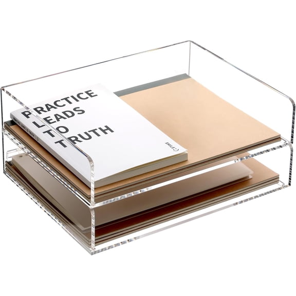 Acrylic Stackable Paper Tray Organizer for Desk, 2 Pack, A4 Horizontal File Trays 2 Tier