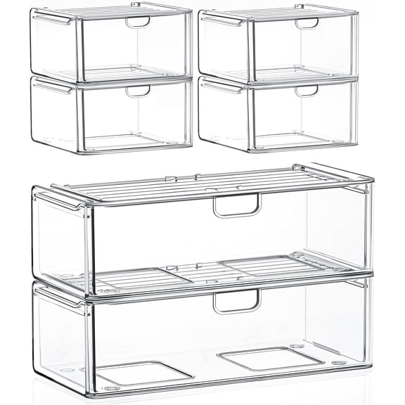 Acrylic Stackable Storage Drawers Set of 6, Clear Plastic Storage Drawer Organzier, Storage Organizer, Makeup Organizer,Ideal for Vanity, Bathroom,Cabinet,Pantry Organization