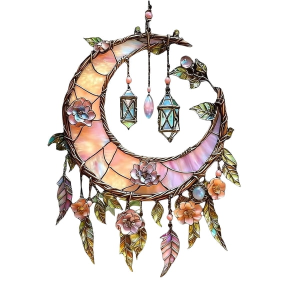 Acrylic Stained Glass Window Hanging Suncatcher,Hand Painted Moon Acrylic Window Decor With Glitter Effect Celestial Hanging Ornament For Indoor Outdoor Garden Her Gift