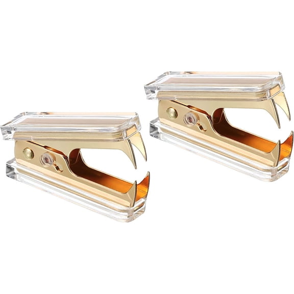 Acrylic Staple Remover, 2 Pack Portable Lockable Jaw Style Staple Puller Removal Tool with Plastic Box for Home Office Desktop, Gold