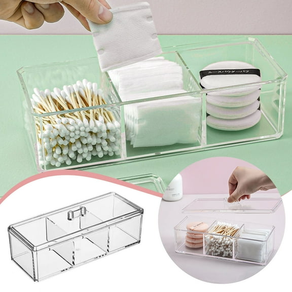 Acrylic Storage Container with Lid - 3 Divided Compartments for Tea Bags, Cotton Pads & Makeup, Clear Stackable Organizer for Kitchen, Bathroom Vanity & Dresser