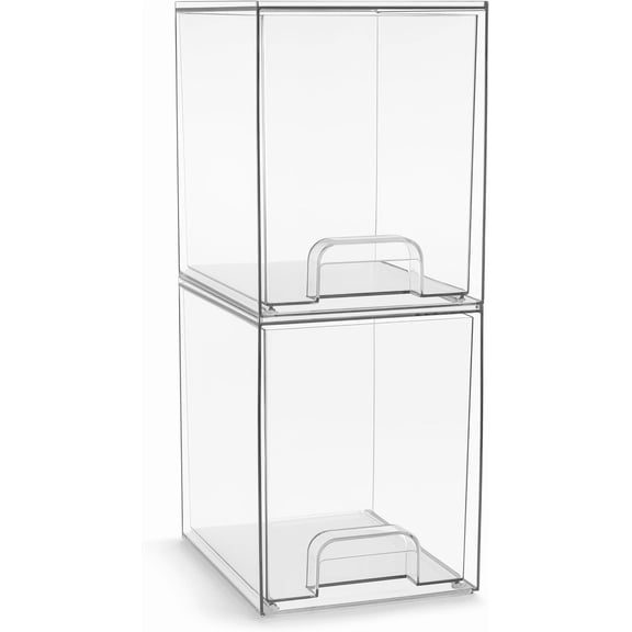 Acrylic Storage Containers - 2 Pack, Stackable Storage Bins Set for Bathroom Organization - Clear Acrylic Drawer Organizers - Makeup Case Pull-Out Drawers (7.6 Tall)
