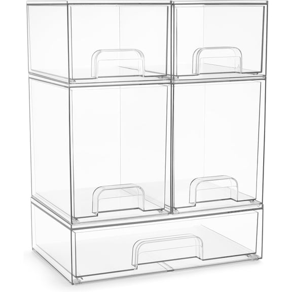 Acrylic Storage Containers - 5 Pack, Stackable Storage Bins Set for Bathroom Organization - Clear Acrylic Drawer Organizers - Makeup Case Pull-Out Drawers (7.6 and 4.4 Tall and 12.1 Wide)