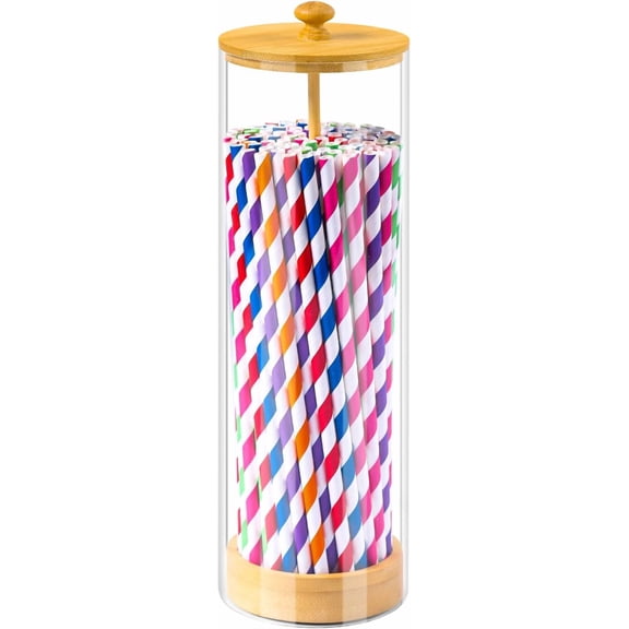 Acrylic Straw Holder For Counter With Bamboo Lid, Straw Dispenser Organizer For Home, Clear Plastic Drinking Straw Storage Container