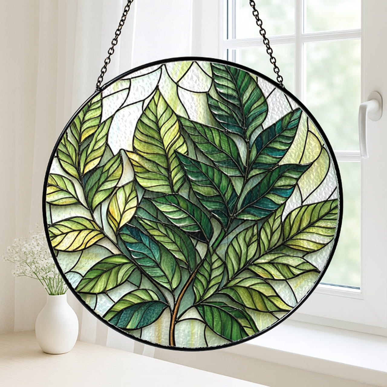 Acrylic Style Fern Suncatcher – Round Green Leaf Window Hanging for ...