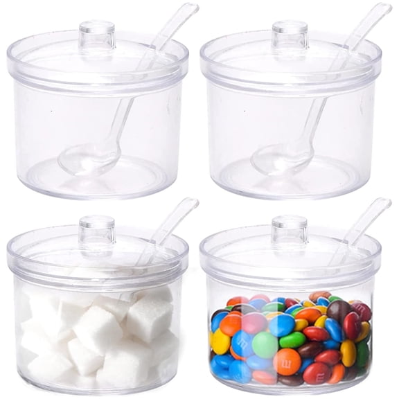 Acrylic Sugar Bowl with Lid and Spoon, Spice Jar, Spice Storage Pot, Transparent Salt Container, Empty Clear Sauce Container, Seasoning Sauce Container, Condiment Jar,4 Pcs, 7 oz
