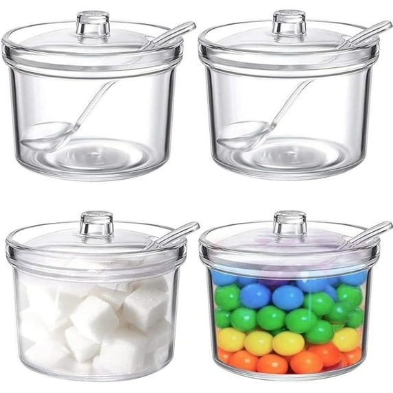 Acrylic Sugar Bowl, Salt Jar Dispenser, Container, Condiment Container, Seasoning Box, Clear Candy Jar, Spice Container with Lids and Spoons for Kitchen Gourmet Organizer for Home (4 Pcs 13.5 oz)