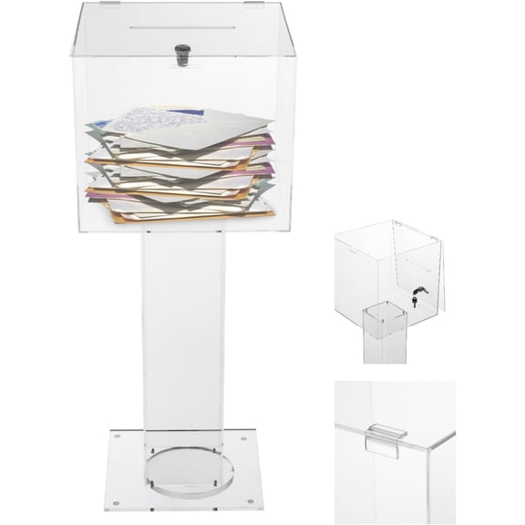 Acrylic Suggestion Box, Clear Large Floor Standing Tithing Box with Lock&2 Keys, Donation Ballot Collection Safe Holder for Election Voting Contest, 12X12X34.2Inches