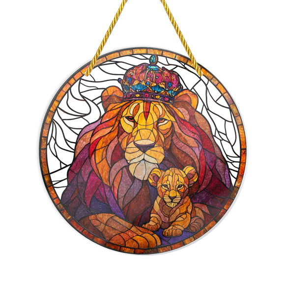 Acrylic Sun Catcher - Majestic Lion Cub Crown Design, 8x8 Inch Circular Holiday Decor for Christmas Halloween Easter, No Electricity Needed, Vibrant Stained Effect Window Wall Hanging wit
