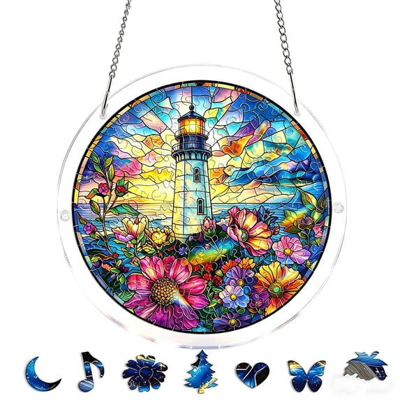 Acrylic Sun Catcher, Stained Glass Lighthouse Puzzle, Uniquely Shaped Puzzle, Perfect Birthday Gift, Wall Art Room Decor (7.4In)