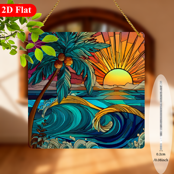 Acrylic Sun Catcher with Stained Design Hawaii Sunset, Palm Tree Ocean Wave Art, for International Peace Day Decor, Beach Theme Decor