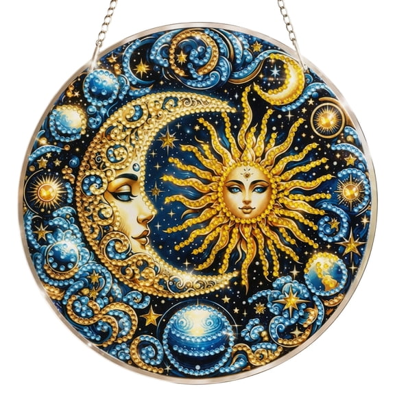 Acrylic Sun and Moon Hanging Ornament Round Celestial Decorative Plaque Window Wall Sign with Chain 20cm/25cm