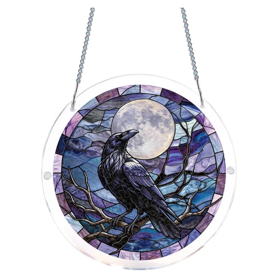 Acrylic Suncatcher, 2D Raven Full Moon Stained Glass Style, 1pc Puzzle Hanging Ornament, Window Hanging Decor for Home