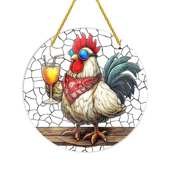 Acrylic Suncatcher - 8 Round Chicken Drinking Drink Design, Vibrant Colors, Durable Acrylic Wall Art for Home Decor, Birthday Gift for Friends, Cafe, Restaurant, Balcony, Chicken Decor