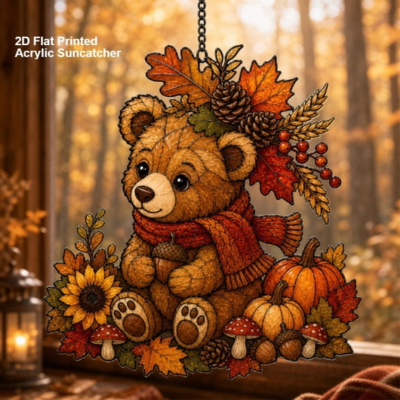 Acrylic Suncatcher Autumn Bear Acrylic Window Hanging for Rustic Fall Decor