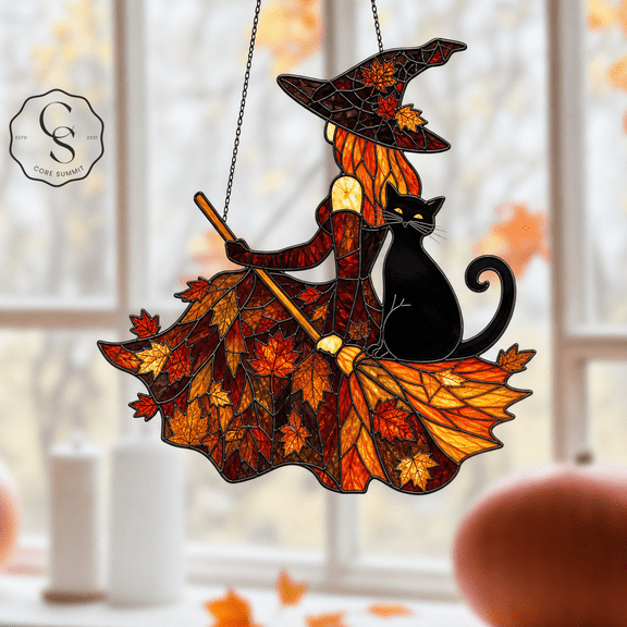 Acrylic Suncatcher Autumn Witch and Black Cat Stained Glass Window Hanging for Halloween