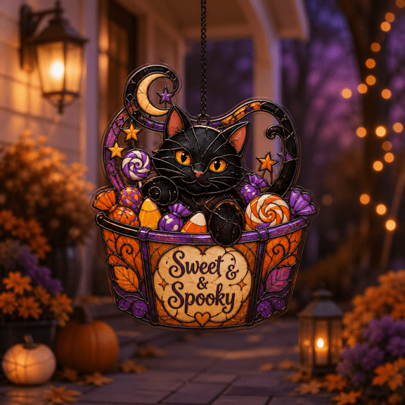 Acrylic Suncatcher Black Cat Candy Basket Window Decor for Halloween