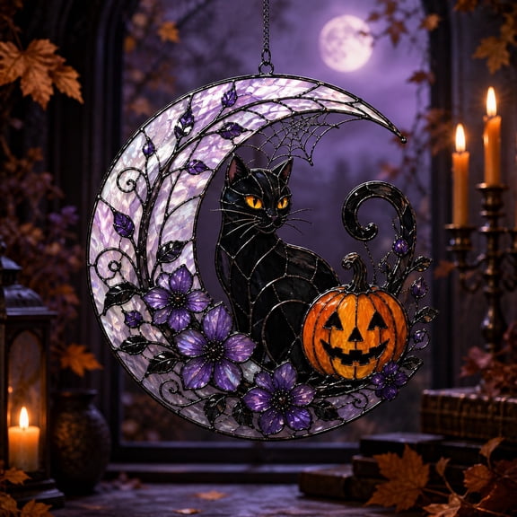 Acrylic Suncatcher Black Cat Crescent Pumpkin Window Decor for Halloween