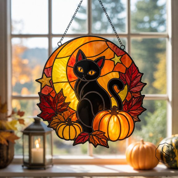 Acrylic Suncatcher Black Cat Halloween Acrylic Window Hanging for Fall Halloween Lovers