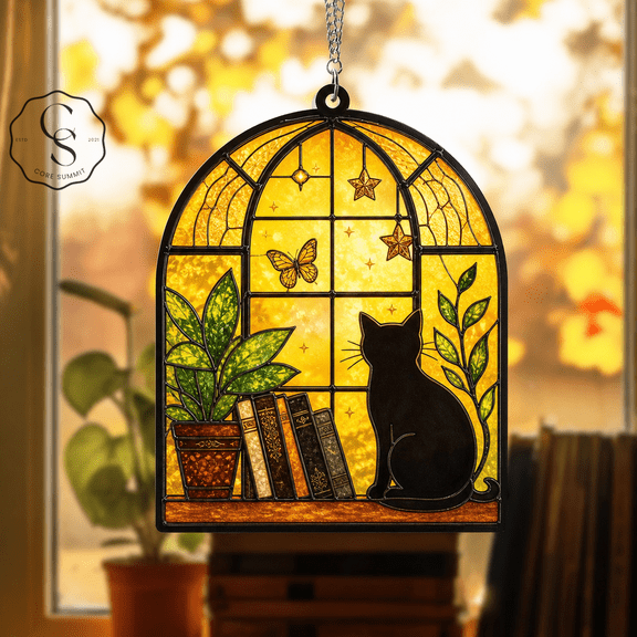 Acrylic Suncatcher Black Cat Stained Glass Style Acrylic Window Hanging for Halloween Lovers