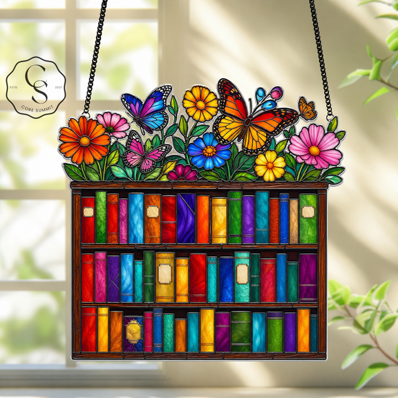 Acrylic Suncatcher Butterfly Garden Bookshelf Acrylic Window Hanging for Book Lovers
