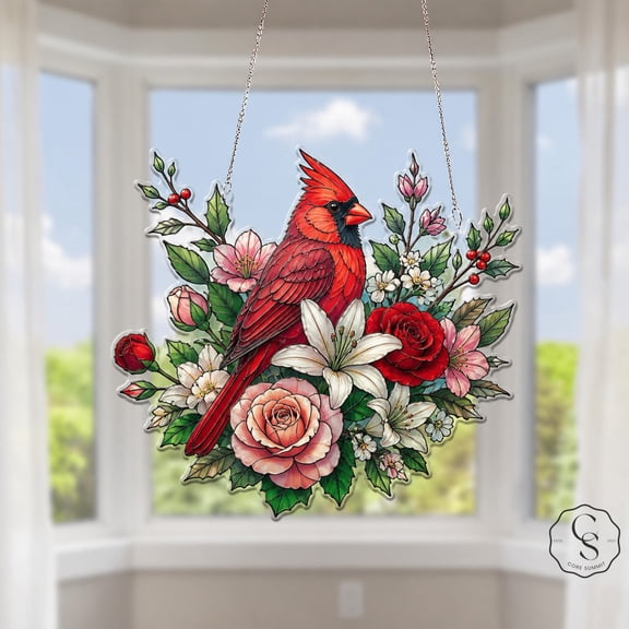 Acrylic Suncatcher Cardinal Memorial Floral Window Hanging for Sympathy Gift