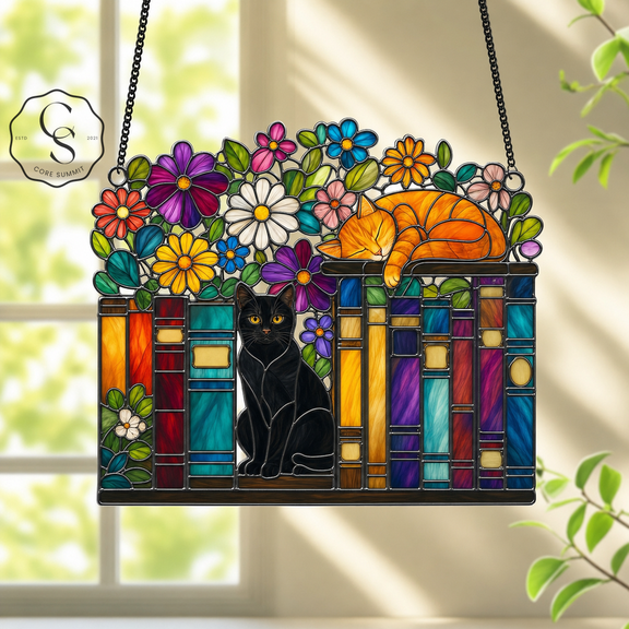 Acrylic Suncatcher Cat and Bookshelf Floral Acrylic Window Hanging for Cat Lovers