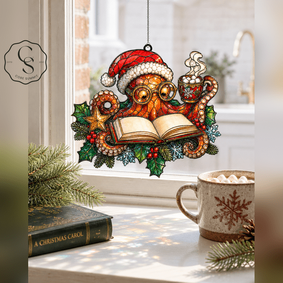Acrylic Suncatcher Christmas Octopus Bookworm Acrylic Window Hanging for Book Lovers