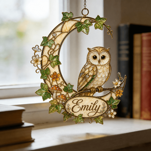 Acrylic Suncatcher Cottagecore Owl Window Hanging with Custom Name for Nature Lovers