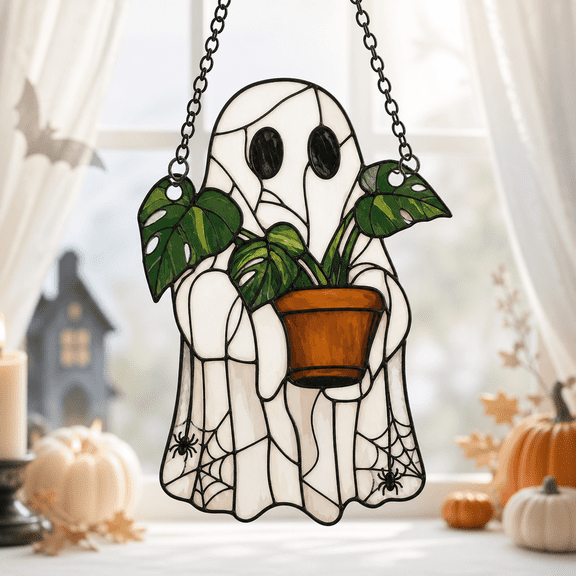 Acrylic Suncatcher Cute Ghost and Monstera Window Hanging Ornament for Halloween Decor
