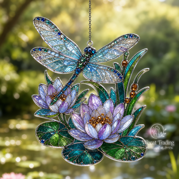 Acrylic Suncatcher Dragonfly and Water Lily Transparent Acrylic Window Hanging Gift for Nature Lovers