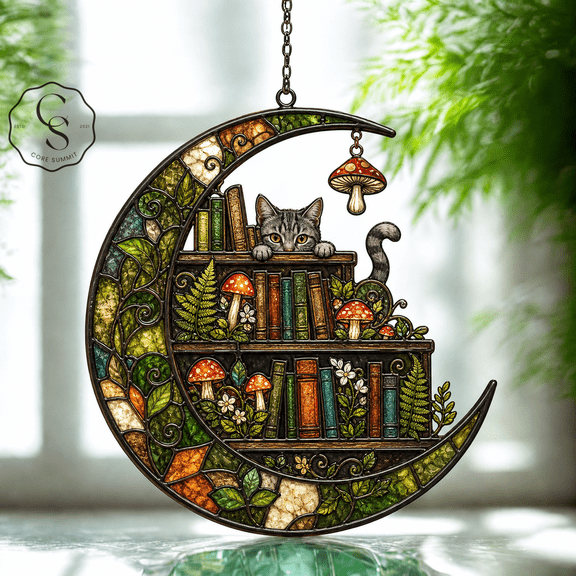 Acrylic Suncatcher Enchanted Mushroom Cat Library Acrylic Window Hanging for Book Lovers