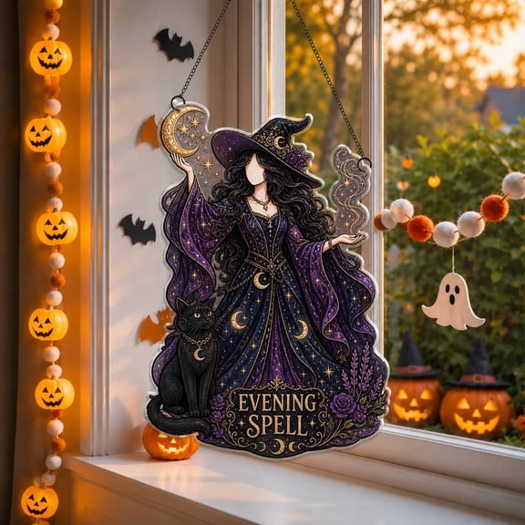 Acrylic Suncatcher Evening Spell Witchy Moon Acrylic Window Hanging for Halloween Decor