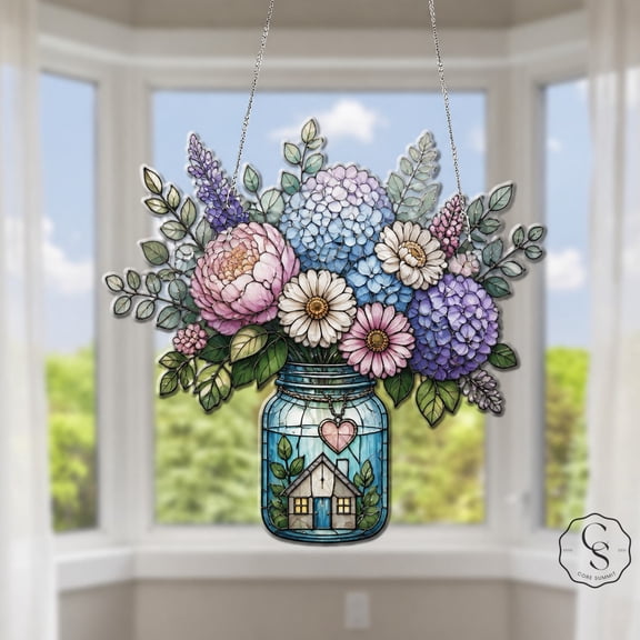Acrylic Suncatcher Floral Mason Jar Acrylic Window Hanging for Housewarming Gift