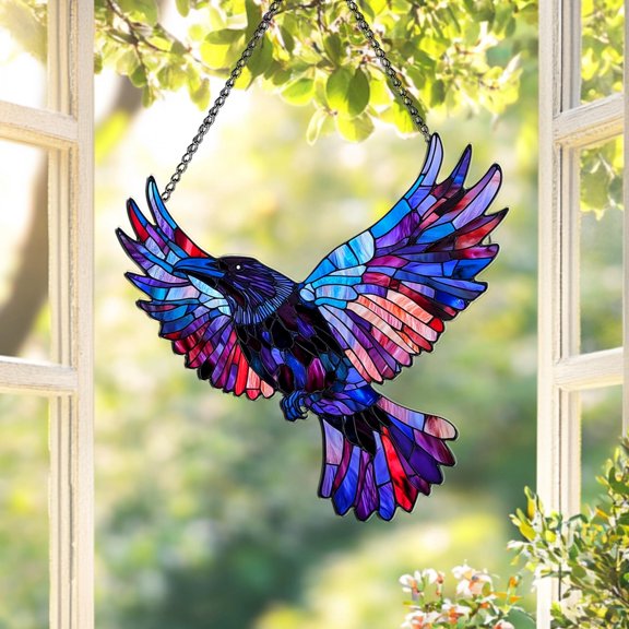 Acrylic Suncatcher Flying Raven Window Hanging Decoration with Colorful Wings Gothic Bird Art Accent
