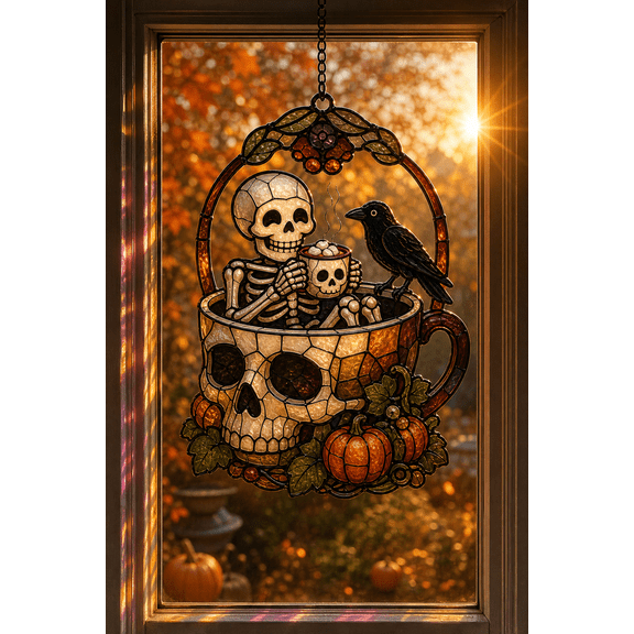 Acrylic Suncatcher Friendly Skeleton Cocoa Crow Acrylic Window Hanging for Halloween Lovers