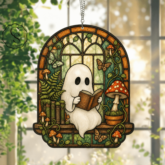 Acrylic Suncatcher Ghost Mushroom Reader Acrylic Window Hanging for Halloween Decor