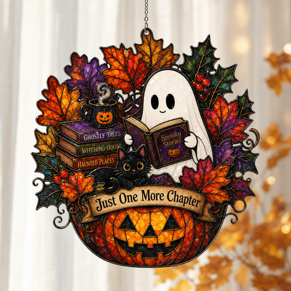 Acrylic Suncatcher Ghost Pumpkin Reading Window Hanging for Halloween Book Lovers