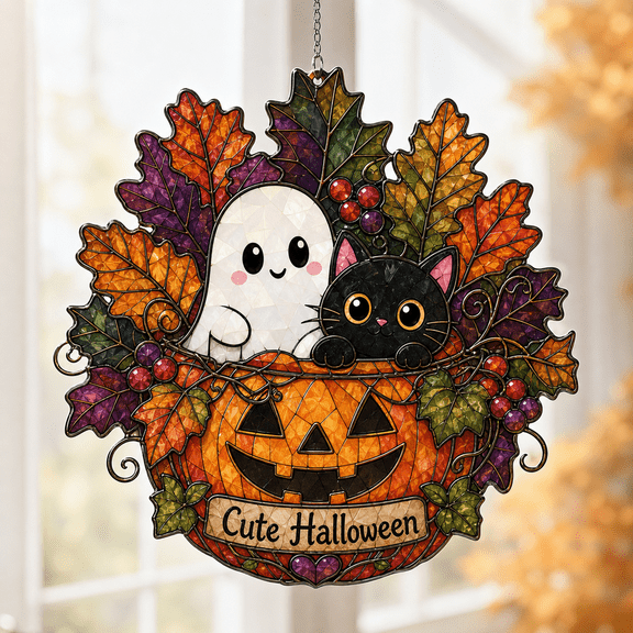 Acrylic Suncatcher Ghost Pumpkin and Black Cat Window Hanging for Halloween Fall Decor Lovers