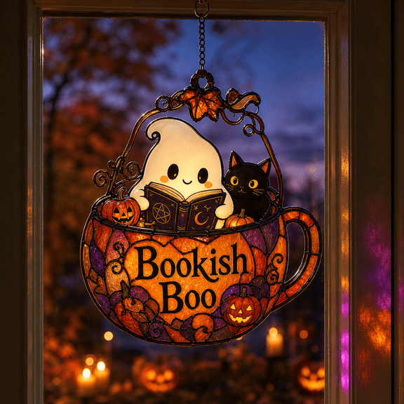 Acrylic Suncatcher Ghost Reading in Pumpkin Mug Window Hanging for Halloween Book Lovers
