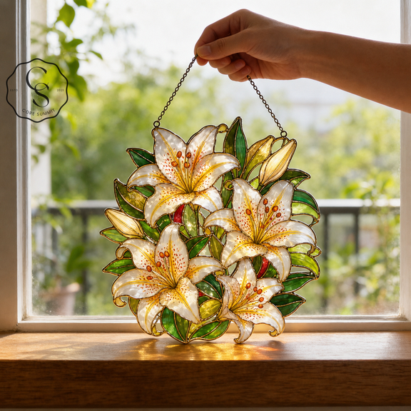 Acrylic Suncatcher Golden-Rayed Lily Bouquet Acrylic Window Hanging for Housewarming Gift