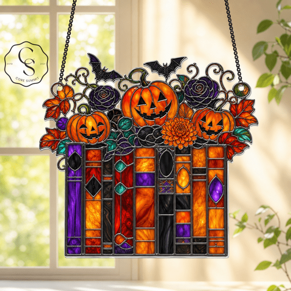 Acrylic Suncatcher Halloween Pumpkin Bookshelf Acrylic Window Hanging for Gothic Fall Decor