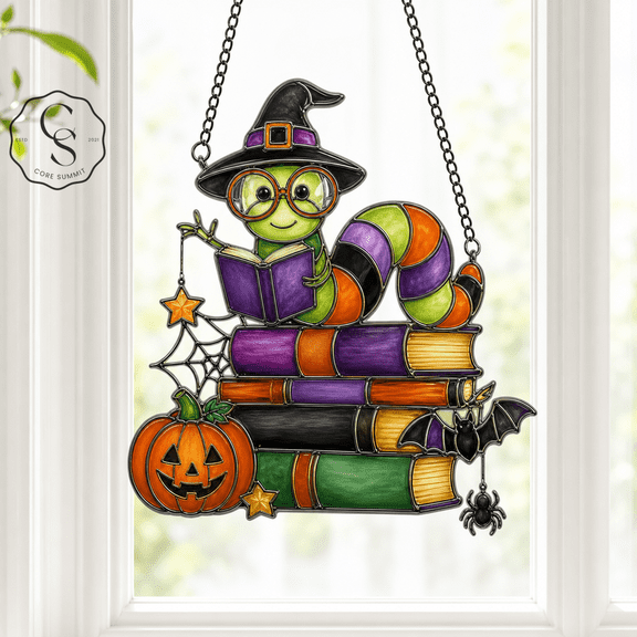 Acrylic Suncatcher Halloween Witch Bookworm Window Hanging for Book Lovers