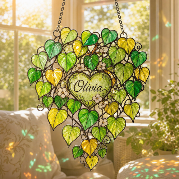 Acrylic Suncatcher Heart Leaf Custom Name Window Hanging for Plant Lovers