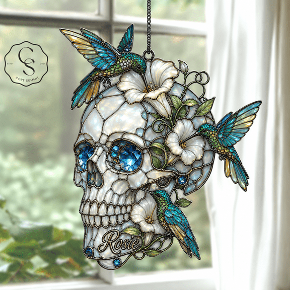 Acrylic Suncatcher Hummingbird Skull Floral Window Hanging for Halloween Decor