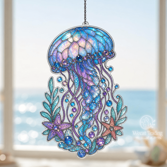 Acrylic Suncatcher Jellyfish Ocean Acrylic Window Hanging Gift for Beach Lovers