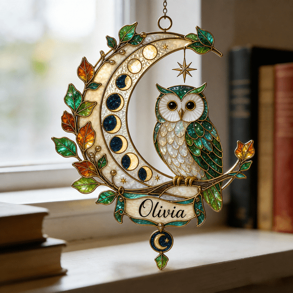 Acrylic Suncatcher Moon Phase Owl Personalized Window Hanging for Owl Lovers