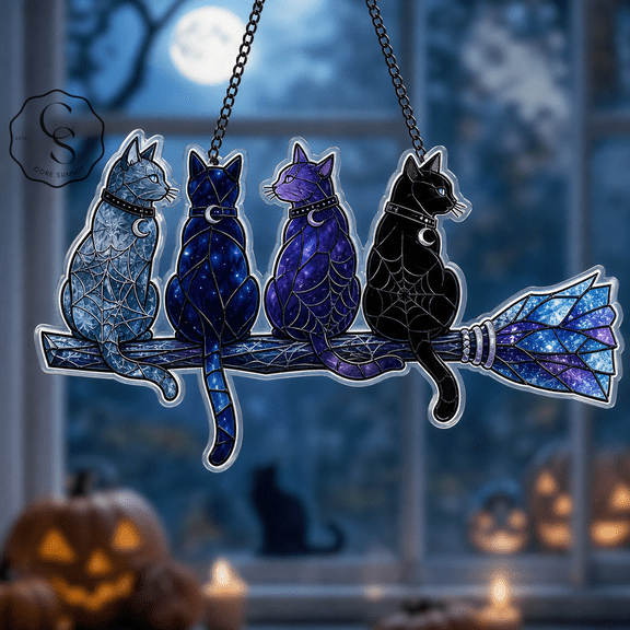 Acrylic Suncatcher Moonlit Cat Coven Acrylic Window Hanging for Halloween Cat Lovers