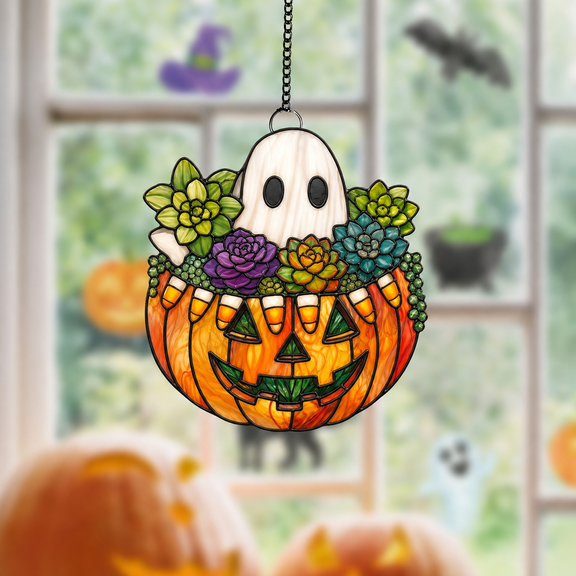 Acrylic Suncatcher Ornament Jack O Lantern Ghost and Succulent Window Hanging for Halloween Fans