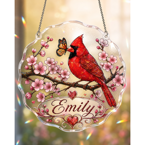 Acrylic Suncatcher Personalized Cardinal Floral Acrylic Window Hanging for Bird Lovers
